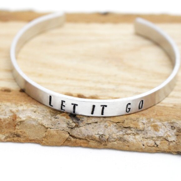 Let It Go - Hand Stamped Anodized Aluminum Bangle - Adjustable - Picture 6 of 11